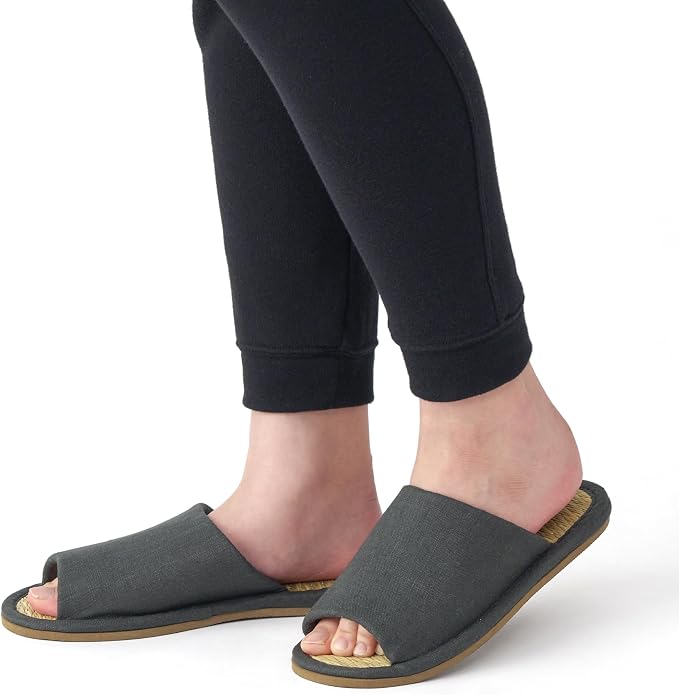 [MUJI] Pantoufles en jonc de mer à bout ouvert / Chaussures d'intérieur "Gris anthracite" Taille L