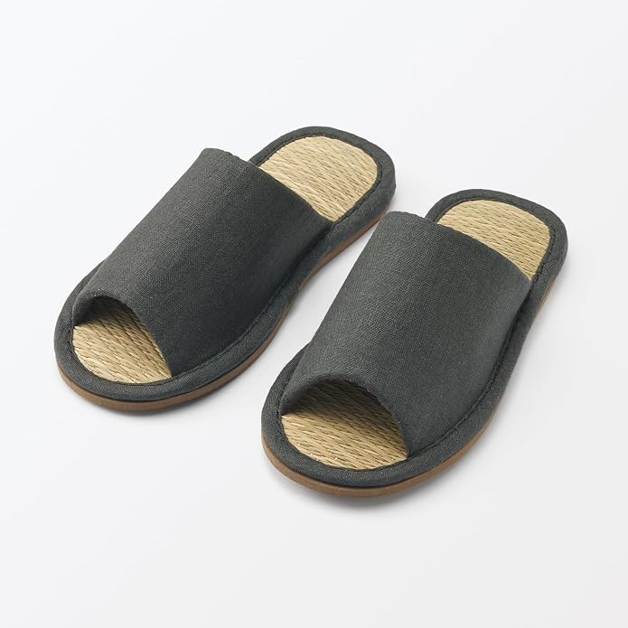 [MUJI] Pantoufles en jonc de mer à bout ouvert / Chaussures d'intérieur "Gris anthracite" Taille L